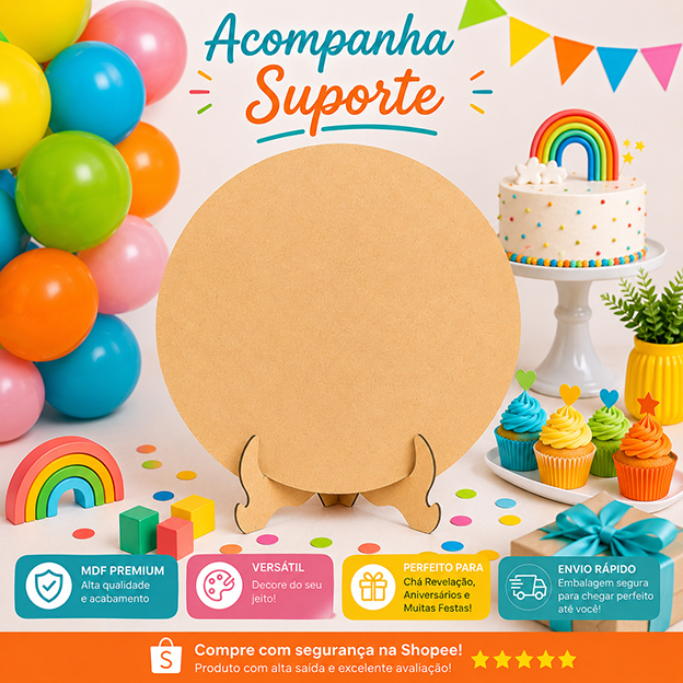 Painel Redondo MDF 50cm com Suporte Incluso Decoração Festa Mesa do Bolo Aniversário Chá Revelação