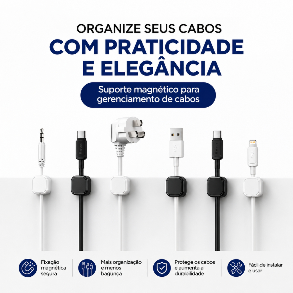 Fixador Magnético de Cabos Autoadesivo Organizador de Fios Prático para Mesa Parede Carregador