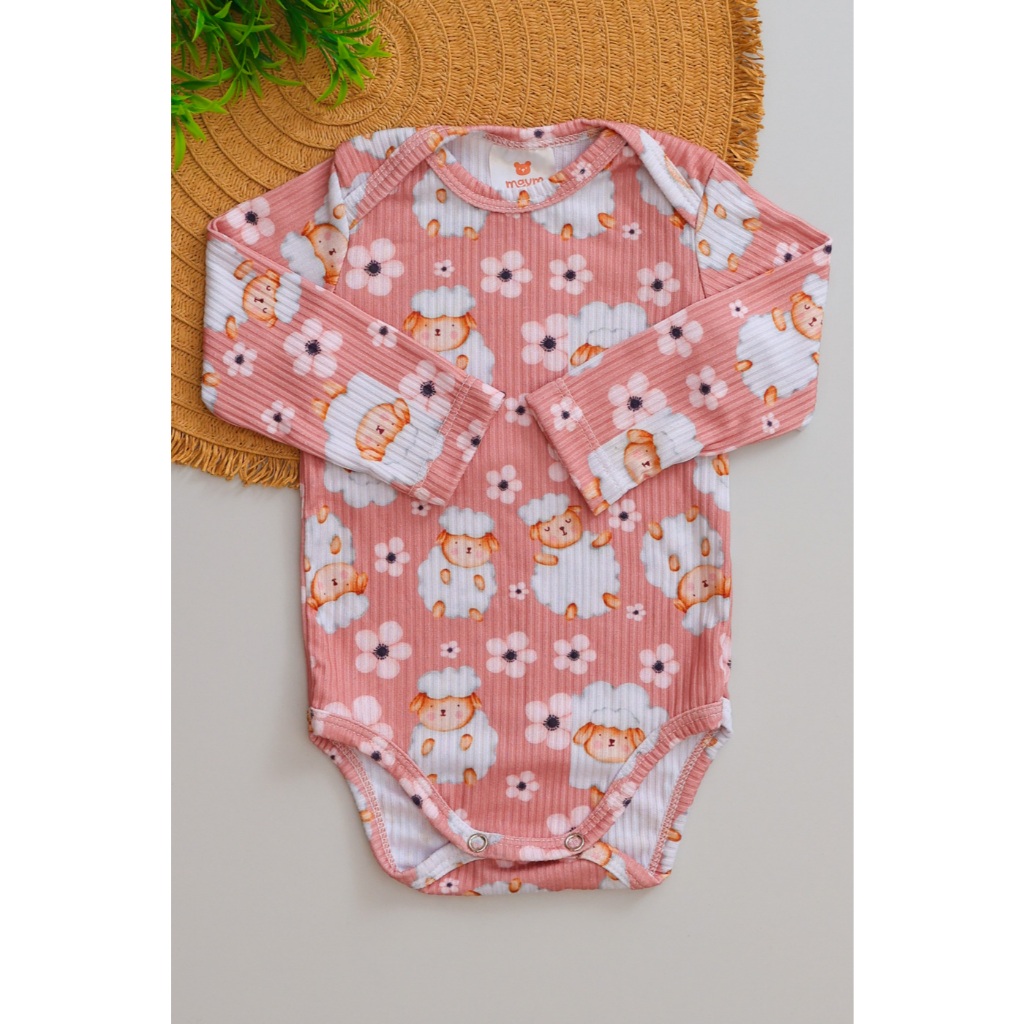 Body Canelado Bebê Longo Infantil Estampado Ovelha Rosa Menina