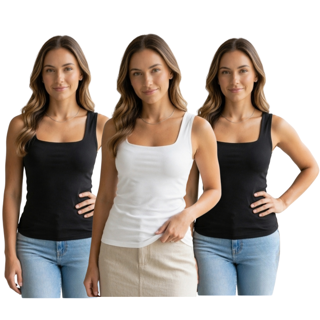 Kit Com 3 Blusinhas ViscoLycra Femininas Gola Quadrada Basica Confortavel
