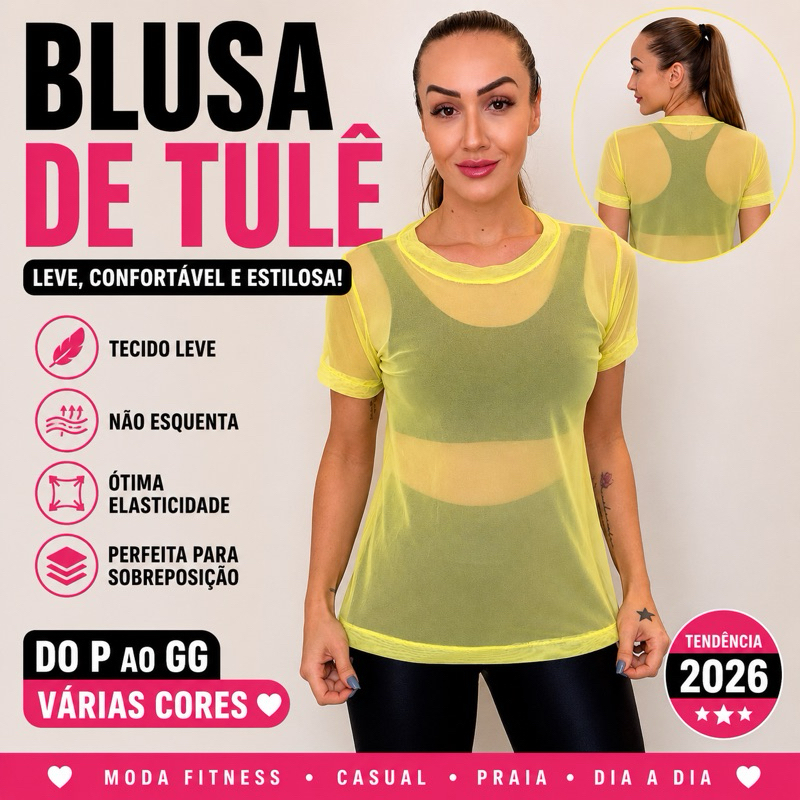 Blusa Feminina Tule Fitness Camisão Fitness Transparente De Academia