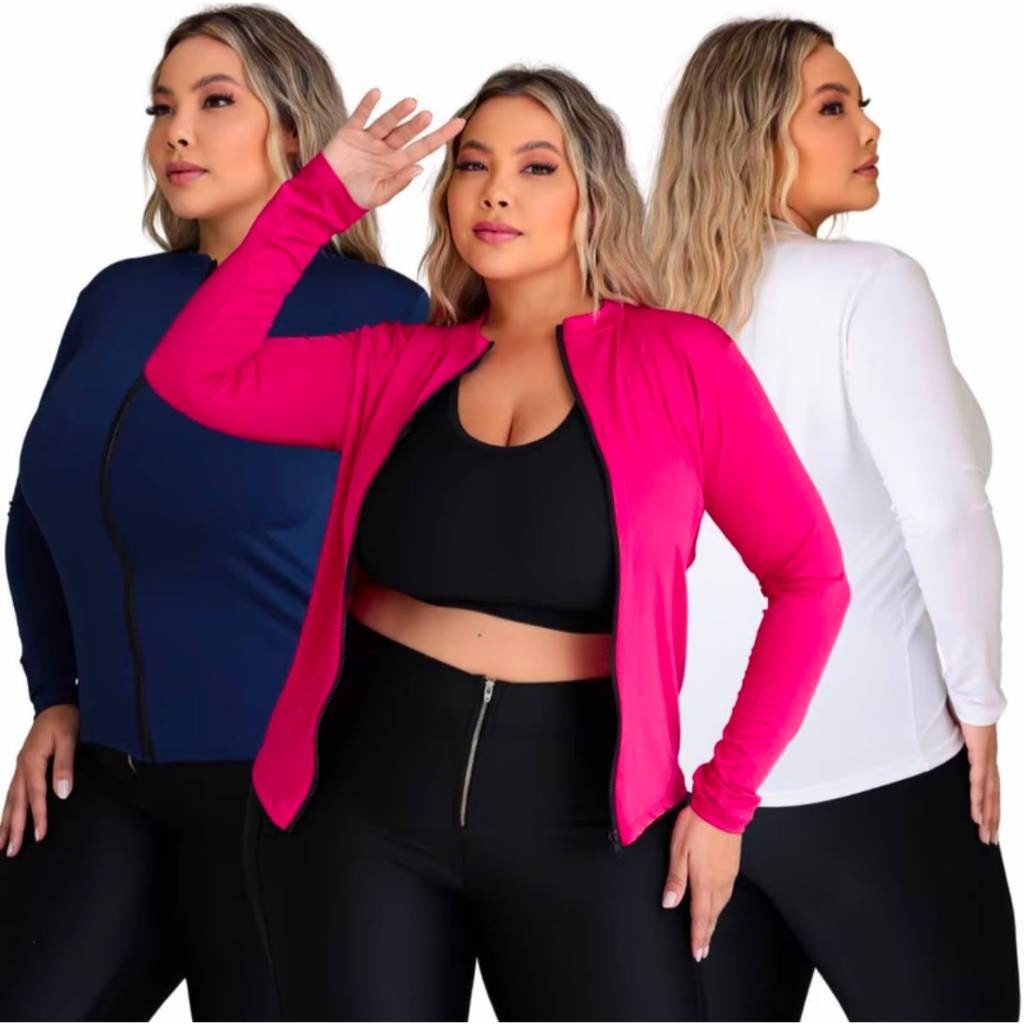 Kit 3 Jaqueta Plus Size Academia Leve Respirável Casaquinho Com Proteção Solar Ziper Termico UV 50+