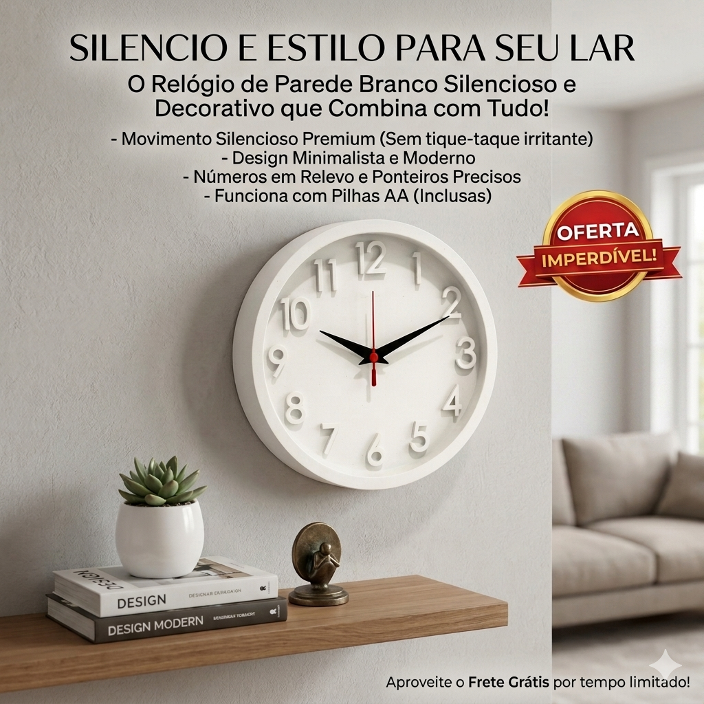Relogio de Parede 3D Sigma Branco Plashome Escritório Cozinha Sala Com Mecanismo Silencioso