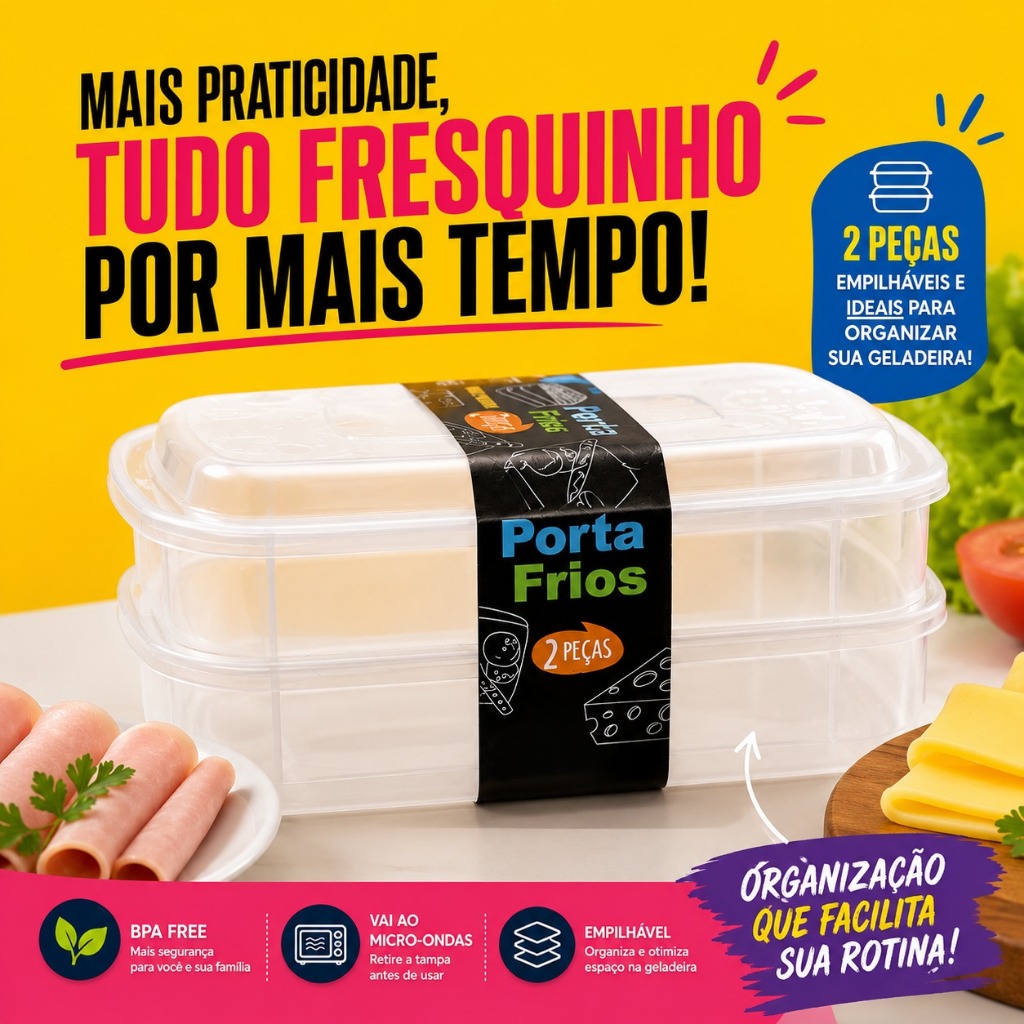 Porta frios Plástico Transparente 2 Divisórias Guarda Frios Geladeira Organização Queijo Presunto