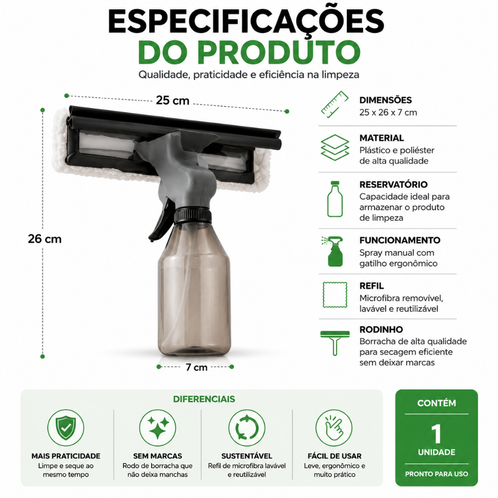 Rodo Spray Limpa E Seca Vidros 3 Em 1 250ml Multiuso MOP Limpador