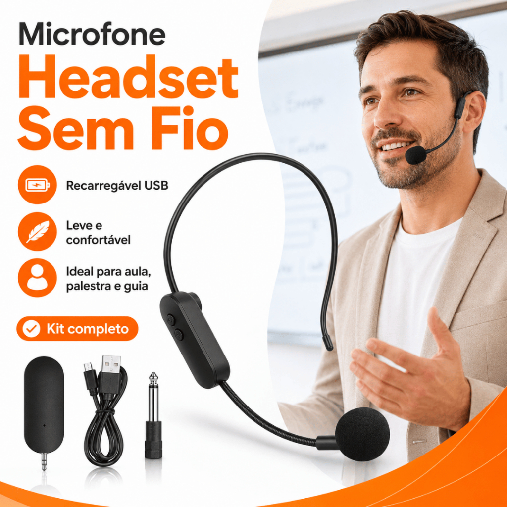 Microfone Headset Sem Fio USB Recarregável com Receptor para Aula Palestra Evento