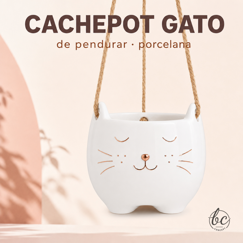 Cachepot Gato de Pendurar em Porcelana com Corda