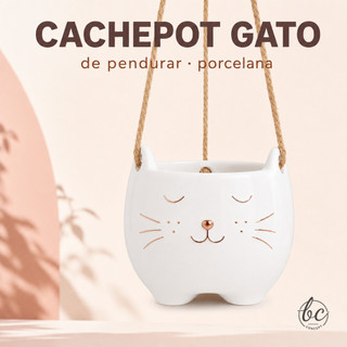Cachepot Gato de Pendurar em Porcelana com Corda