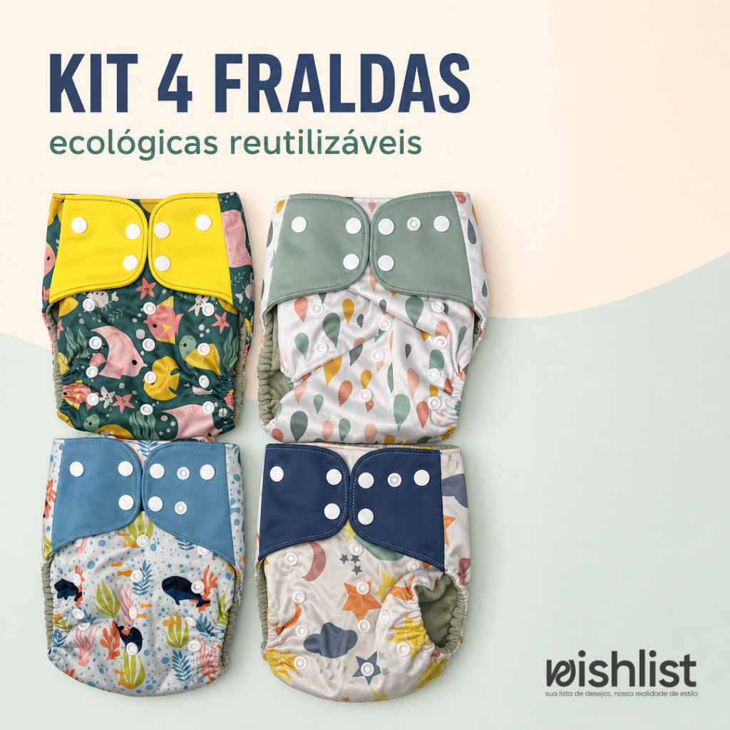 Kit 4 Fraldas Ecológicas Reutilizáveis Bebê Pocket Ajuste RN ao G 3 a 15 kg