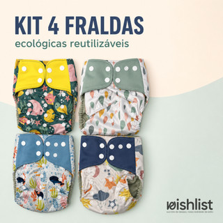 Kit 4 Fraldas Ecológicas Reutilizáveis Bebê Pocket Ajuste RN ao G 3 a 15 kg