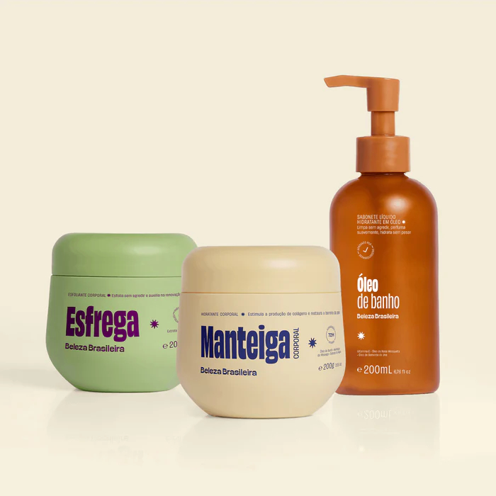 Kit Esfrega Esfoliante 200g Manteiga Corporal 200g Óleo de Banho 200ml Pele de Seda Beleza Brasileira