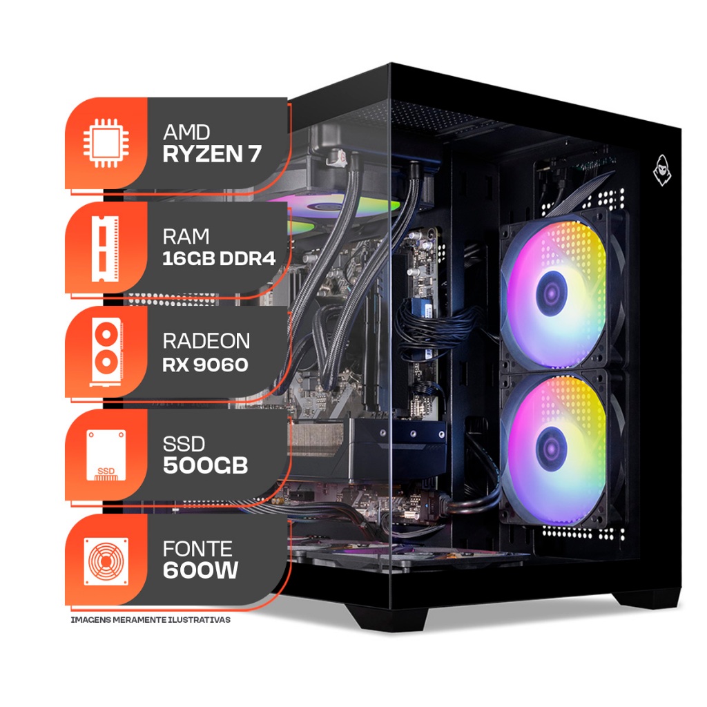 PC Gamer Titan Pro, AMD RYZEN 7 5700X, Water Cooler, RX 9060 XT 8GB, 16GB DDR4, SSD M.2 500GB, 600W 80 Plus