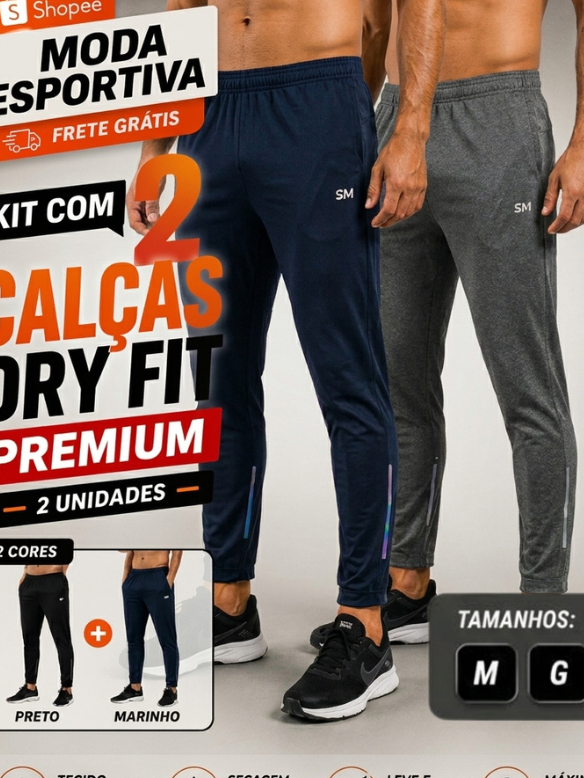 KIT 2 CALÇAS DRY FIT MASCULINAS COLMEIA COM ELASTANO PARA ACADEMIA E CORRIDA