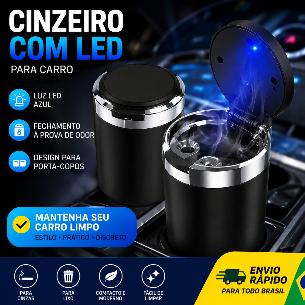 Porta Copos Automotivo com LED Azul Organizador Universal Carro Premium ABS Cromado