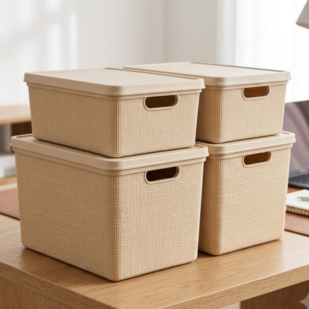 Kit 4 Caixas Organizadoras com Tampa 15L e 22L Rattan Empilháveis Guarda Roupa
