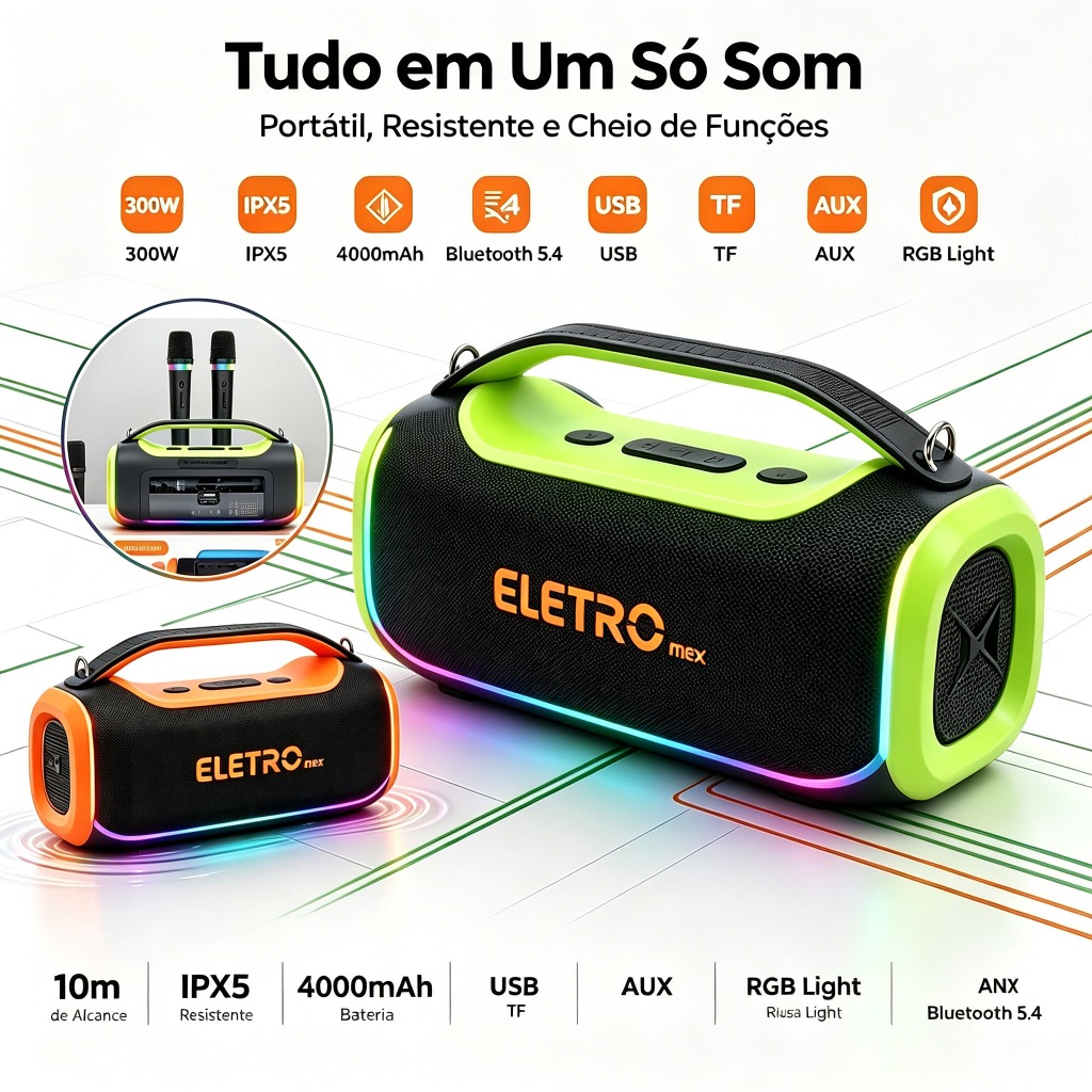 Caixa De Som Bluetooth 300W EletroMex RGB Com 2 Microfones Sem Fio Karaokê Portátil IPX5