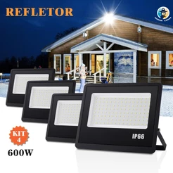 Kit 4 Refletor LED 600W Holofote Bivolt Luz Frio 6500K IP66 Alta Eficiência Alcance 15m Área 125m²