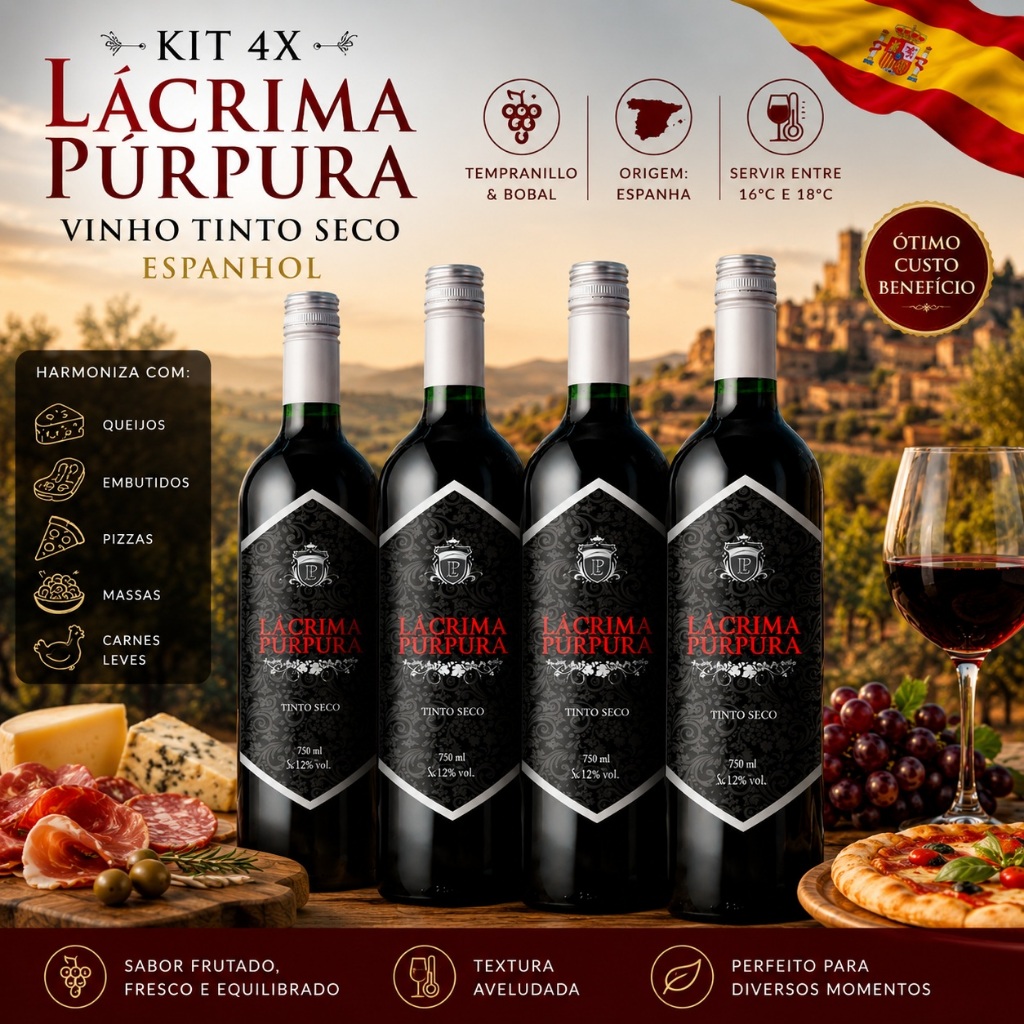 Kit 04 und Vinho Tinto Seco Lácrima Púrpura Tempranillo Bobal 750ml