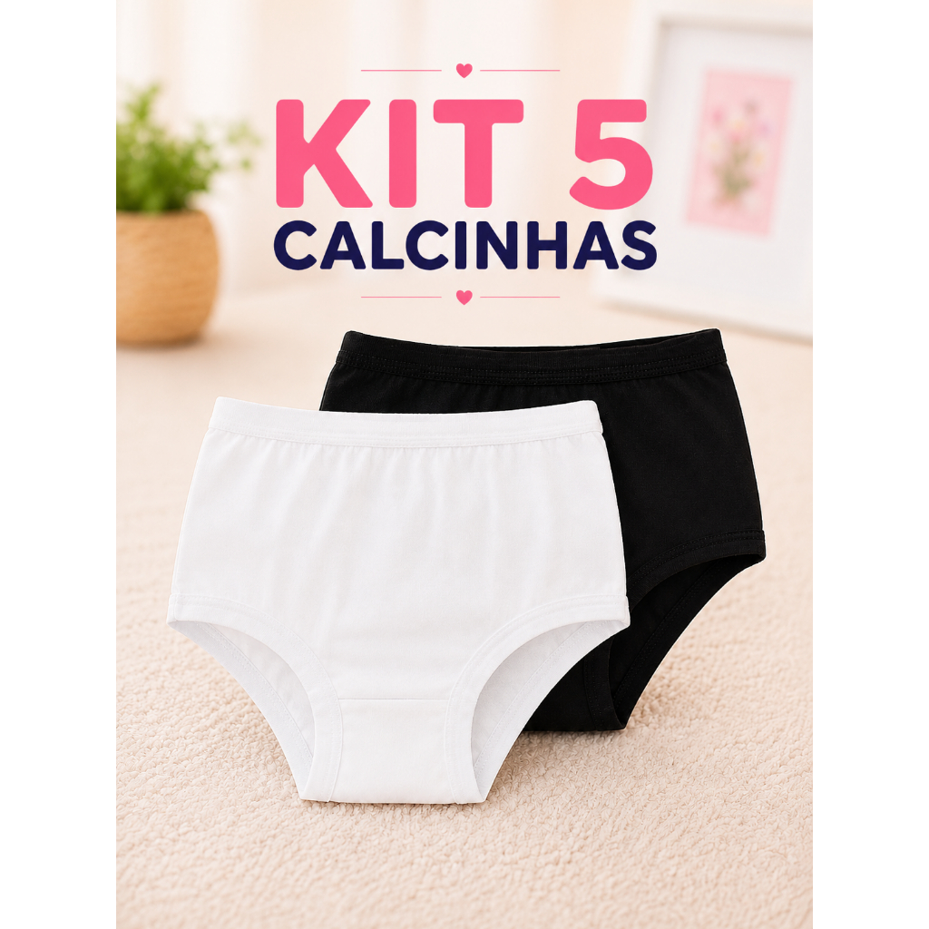 Kit 5 Calcinhas Infantil lisa Menina Algodão Confortável | Modelagem Larguinha | Forro 100% Algodão
