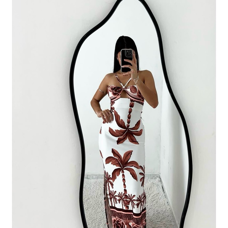 Vestido Longo Feminino Estampado Tropical com Fenda — imagem 2 de 2