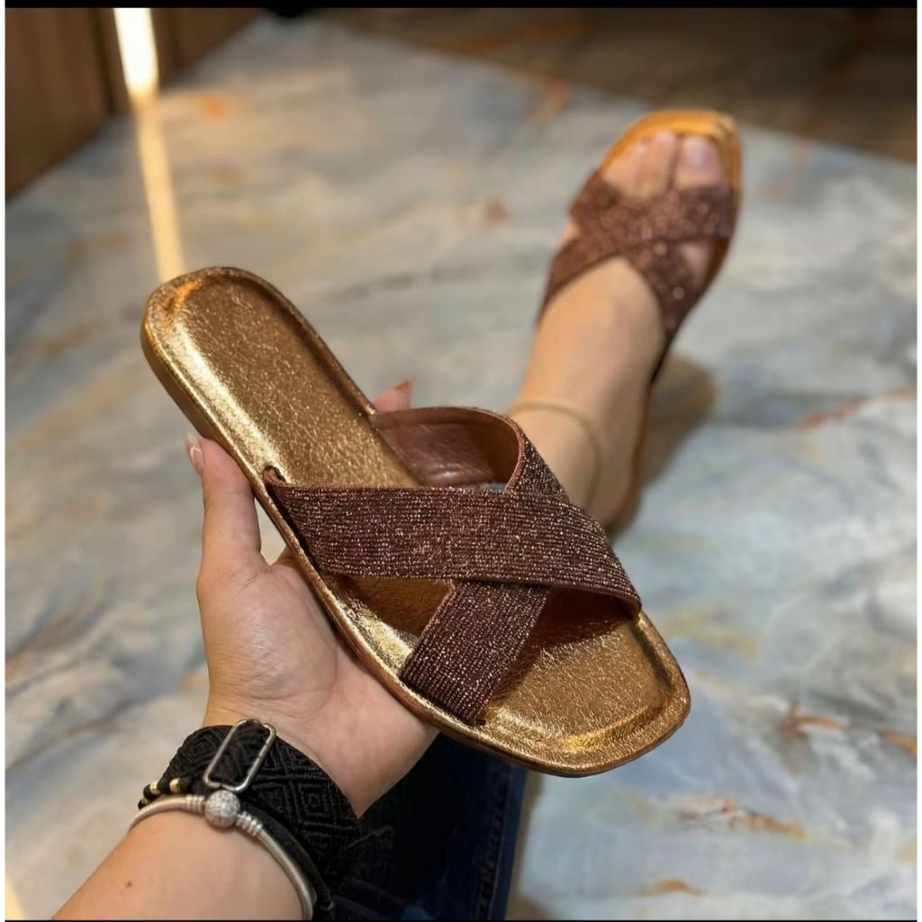 Rasteirinha Feminina Glitter com Tiras Cruzadas | Sandália Rasteira Confortável, Elegante e Antiderrapante