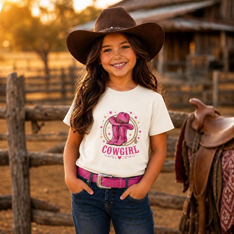 Camiseta Infantil Cowgirl off White Country Menina Algodão Premium 2 ao 14 Rosa Marrom
