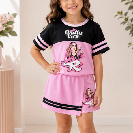 Conjunto Infantil Feminino Emily Vick Katlen Blusa Manga Curta + Saia Short Roupa de Menina Casual