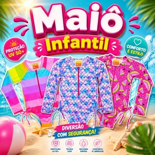 Maiô Manga Longa Infantil Juvenil com Ziper - Biquini Infantil UV