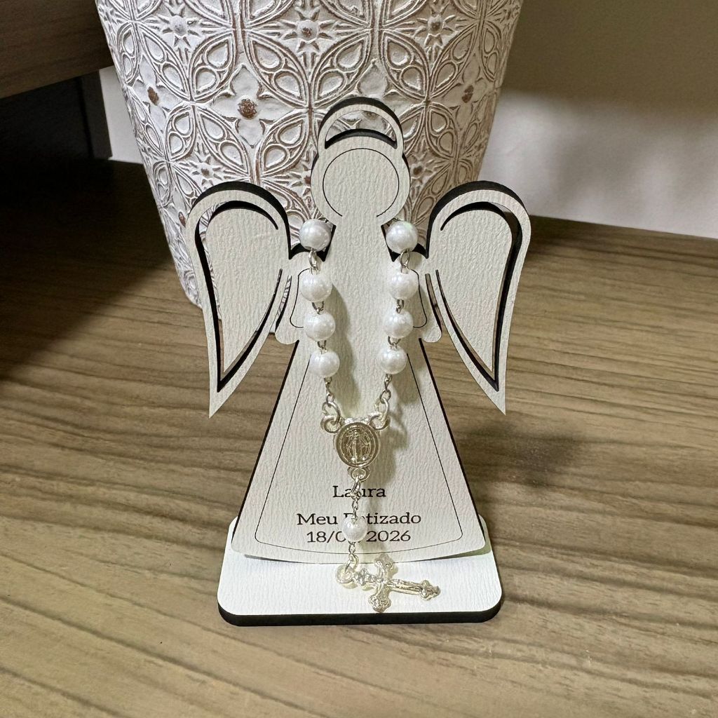 Kit Lembrancinhas Anjo Personalizado + Mini Terço - Para Batizado Crisma Primeira Comunhão Eucaristia MDF branco