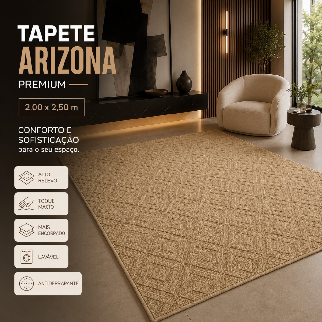 Tapete Sala 2,50x2,00 Geométrico Alto Relevo Premium Macio Antiderrapante Quarto Escritório Bege