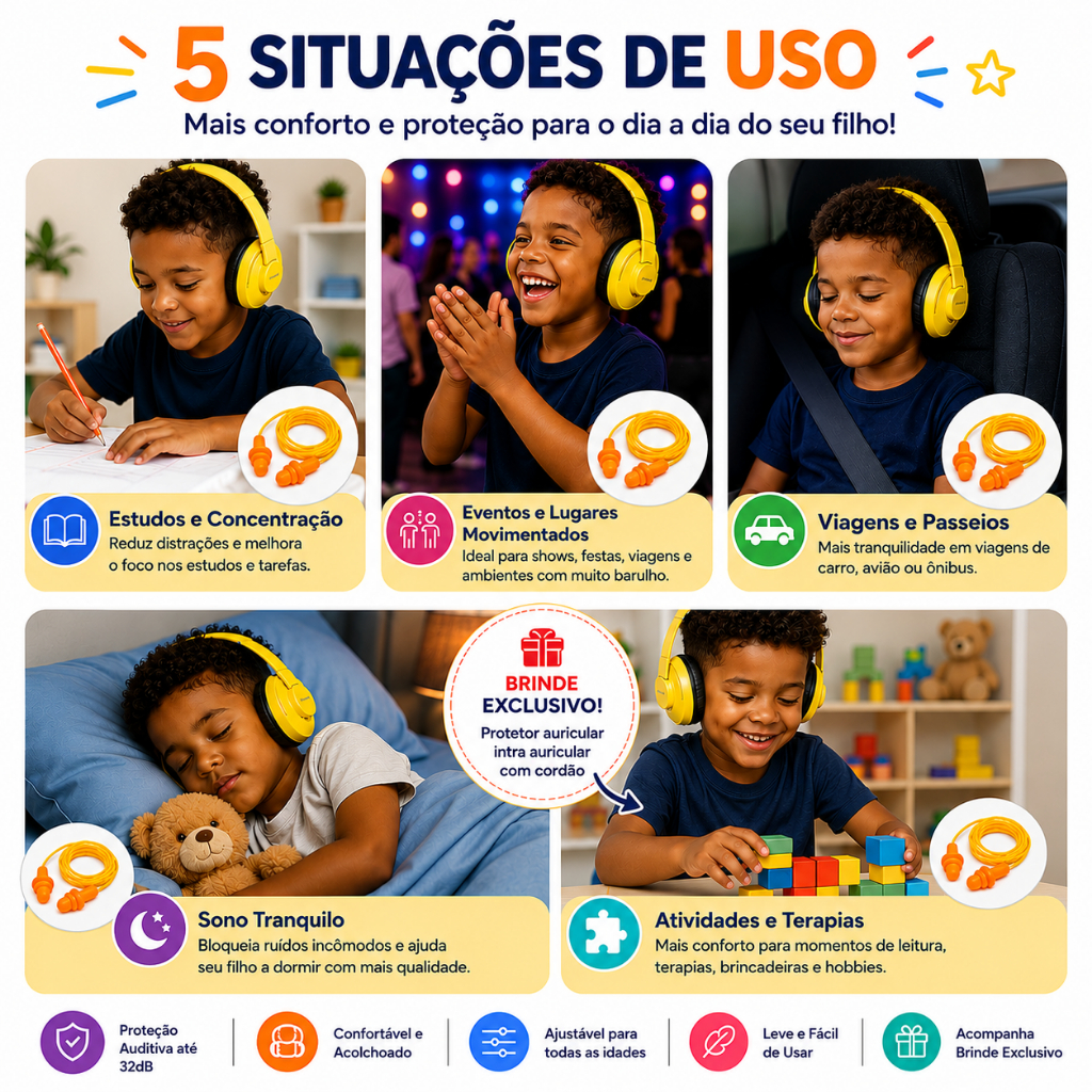 Protetor Auricular Abafador de Ruído 32dB Infantil Autismo TEA TDAH Ajustável Confortável — imagem 2 de 2