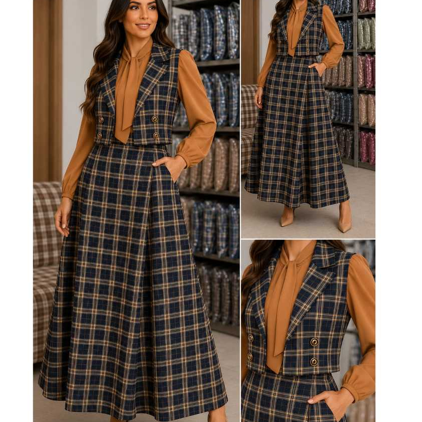Conjunto Feminino Xadrez Colete e Saia Midi Alfaiataria Elegante Casual Trabalho Igreja Festa