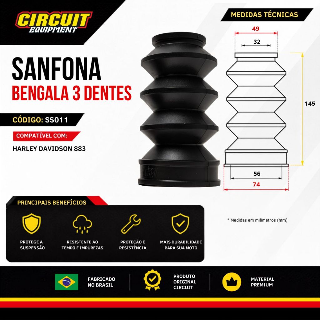 Sanfona de Bengala 3 Dentes Preta Compatível com Harley 883 Davidson Circuit Equipment