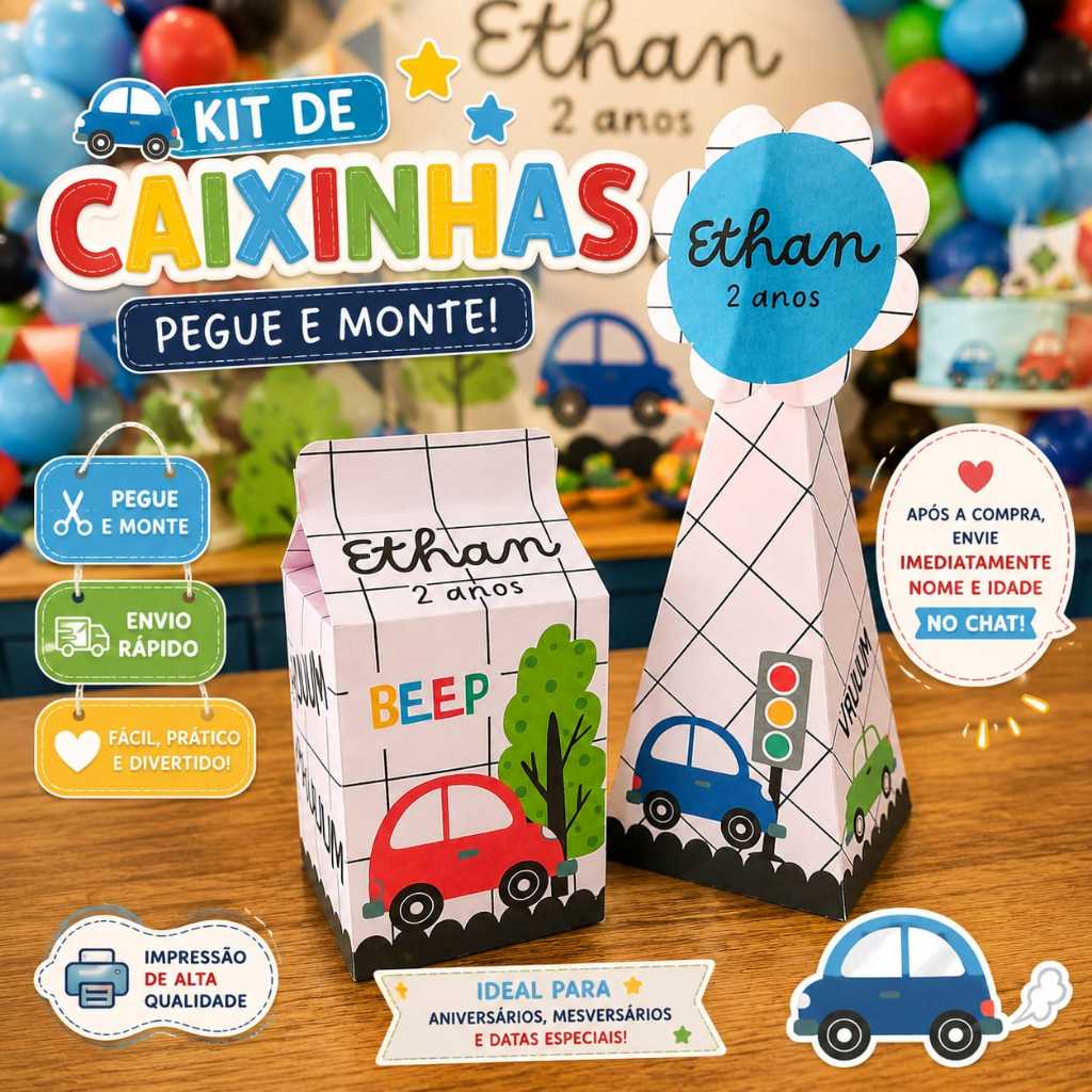 Kit Caixinha Personalizada - Milk e Pirâmide - Lembrancinhas de Festa - Carrinhos