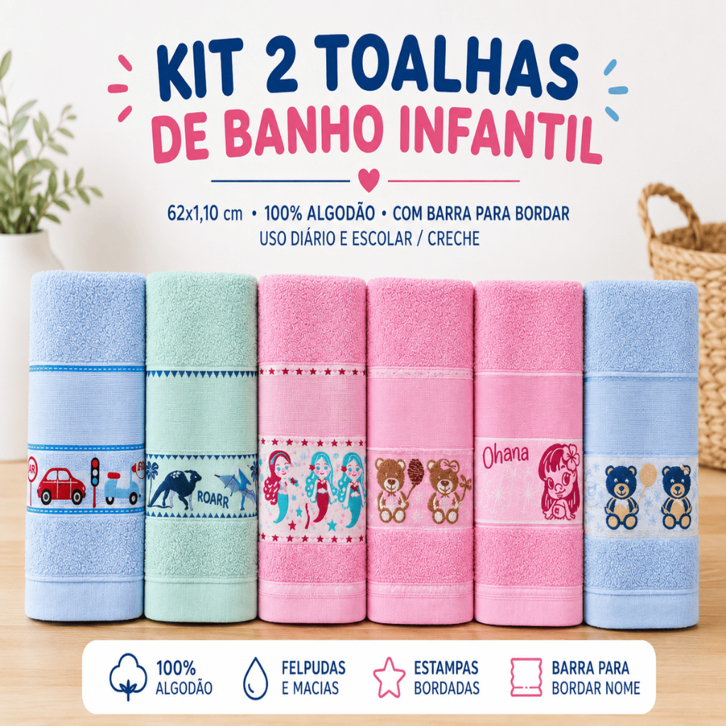 Kit 2 Toalha de Banho Kids Infantil Premium Para Bordar Ponto Cruz 100% Algodão
