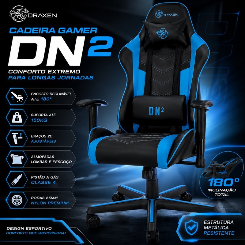 Cadeira Gamer Draxen DN2 Reclinável 180° Até 150kg Braço 2D Ergonômica Almofada Lombar
