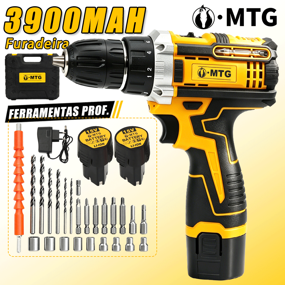 Parafusadeira Furadeira de Impacto Sem Escova Profissional 15V 2000mAh 2 Bateria