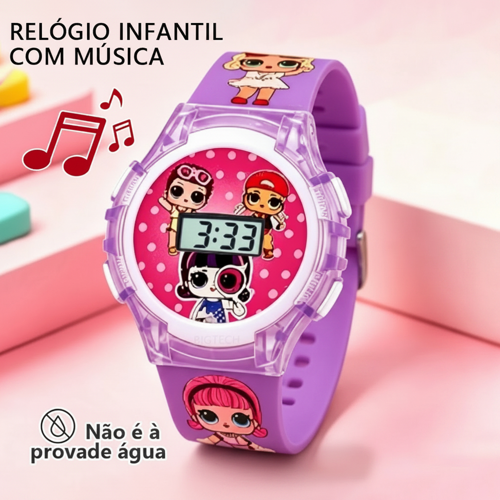 Relógio Digital Infantil Pisca Luz e Toca Musica Adequado Para Meninas e Meninos