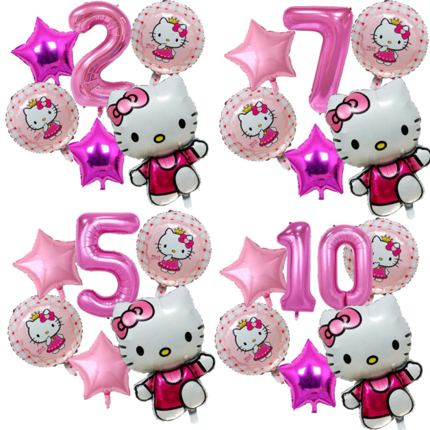 Kit Balões Hello Kitty Rosa Metalizados Decoração Festa Infantil com Estrelas e Número
