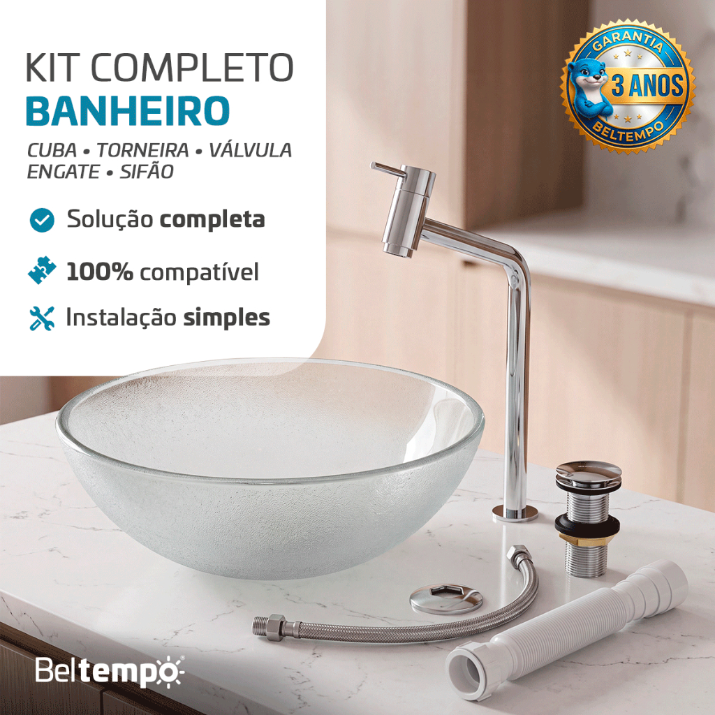 Kit Cuba Apoio Sobrepor 29cm BT-4030 Banheiro Completo com Torneira Inox Válvula Click Engate Sifão Beltempo