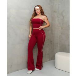 Conjunto Fitness Feminino Top Faixa e Calça Flare Cintura Alta Academia Esportivo SD1998