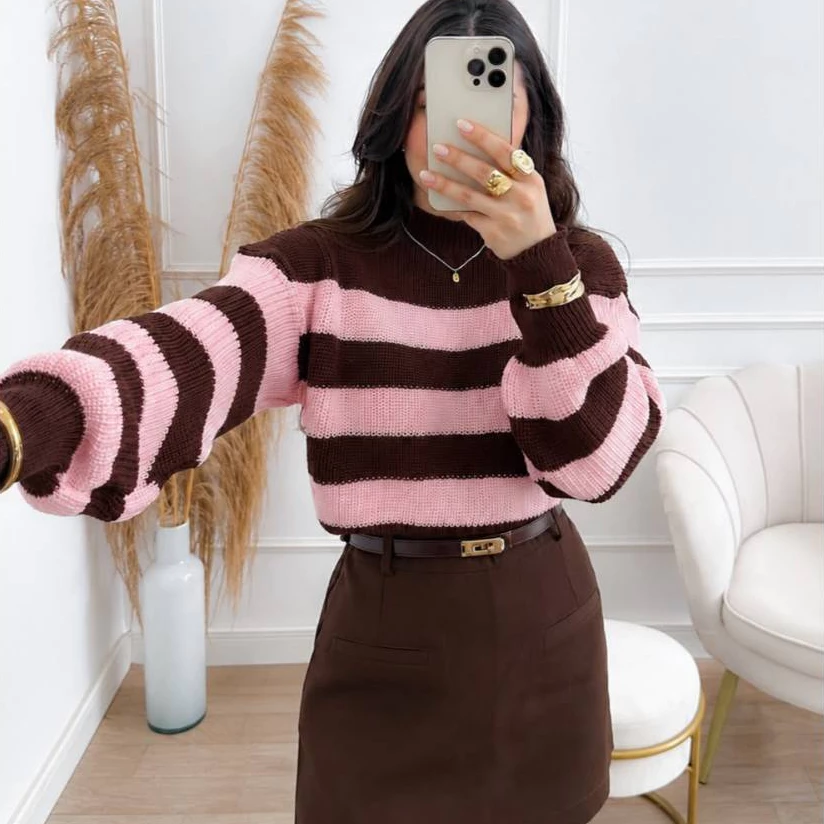 Cropped Feminino Tricot Listrado Manga Bufante Inverno Blusa Trico — imagem 1