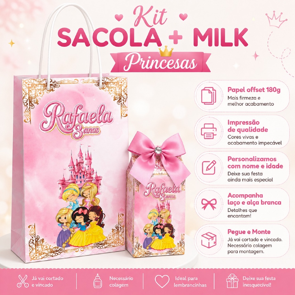 KIT LEMBRANCINHA SACOLA + CAIXINHA MILK PRINCESAS PERSONALIZADO