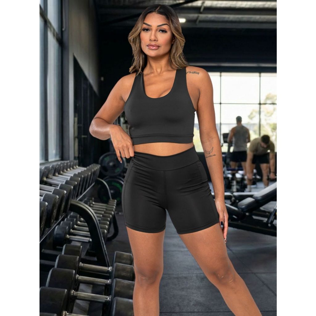 Conjunto Fitness Feminino Short com Bolso + Top Academia Cintura Alta Treino Musculação