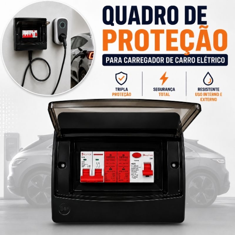 Quadro de Proteção Wallbox Carregador de Carro Elétrico Preto DR Tipo A 40A Disjuntor Bipolar 6kA bivolt
