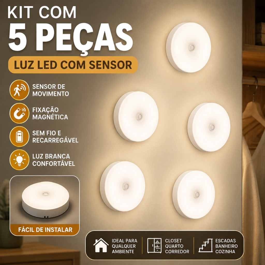 Kit 05 Luminária Led Recarregável Com Sensor De Movimento E Presença, Luz Noturna Automática Sem Fio Para Quarto
