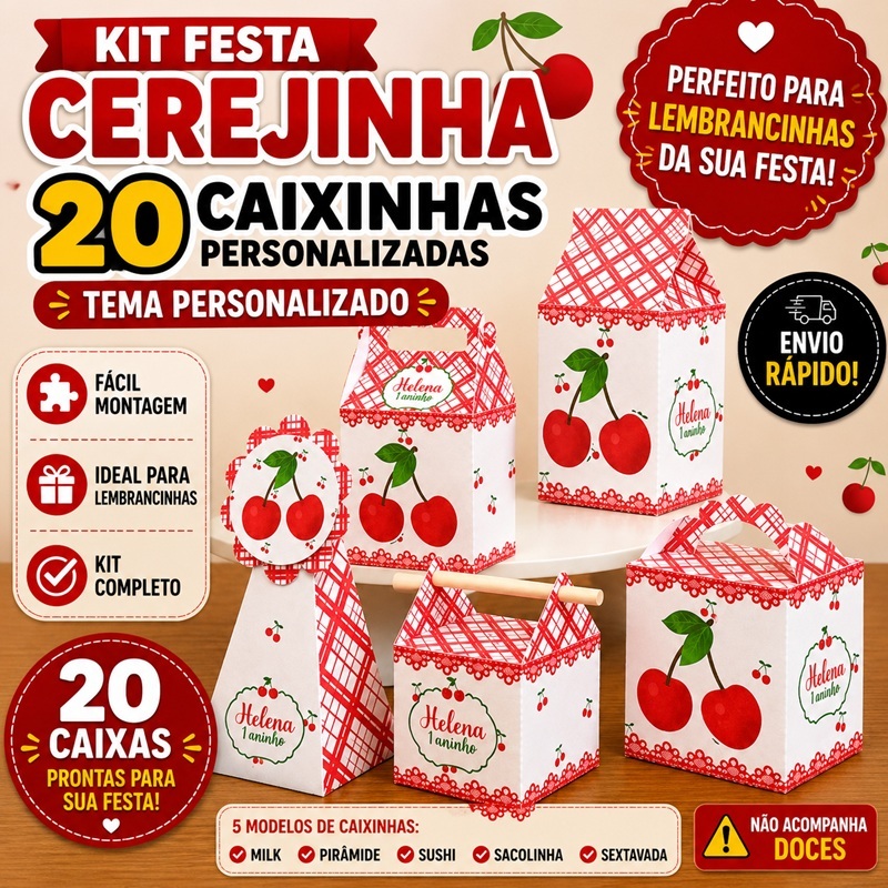 Kit Festa Cerejinha 20 Caixinhas Personalizadas Caixa Milk Pirâmide Sushi Lembrancinhas Aniversário Infantil