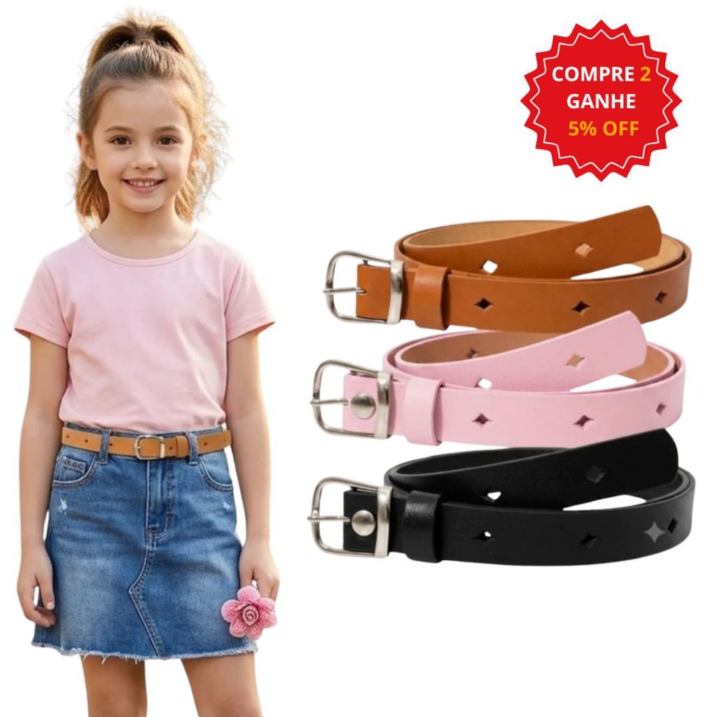 KIT 3 Cintos Infantil Feminino Fino 2cm largura Delicado para Meninas Fivela Prata Básica Casual Kids - Larinha