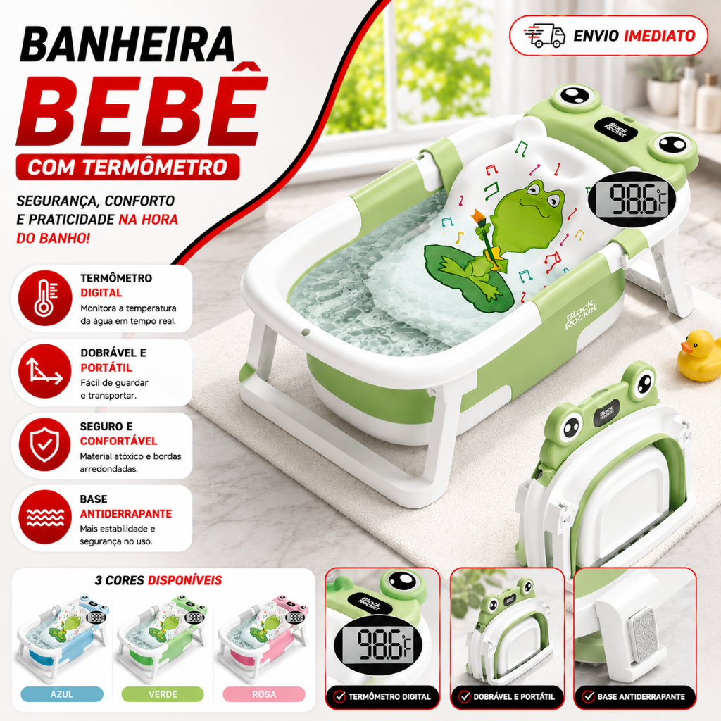 Banheira Bebê Dobrável Portátil Com Termômetro Compacta Segura Divertida Temática Infantil