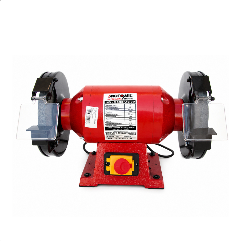 Motoesmeril 1CV 220V Monofásico Motor Ventilado Estrutura em Ferro Fundido MM-100I Motomil Afiação Desbaste e Acabamento